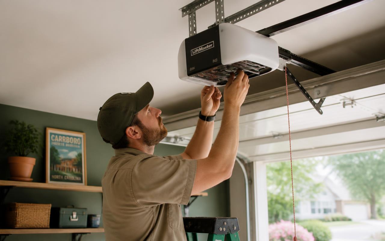 Technician repairing a residential garage door opener motor in Carrboro, NC