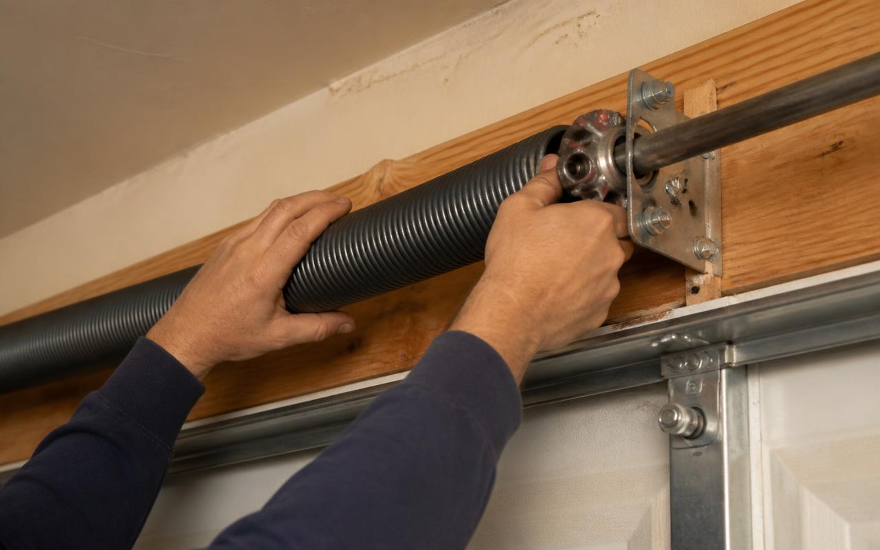 Technician replacing a torsion spring on a residential garage door in Carrboro, NC