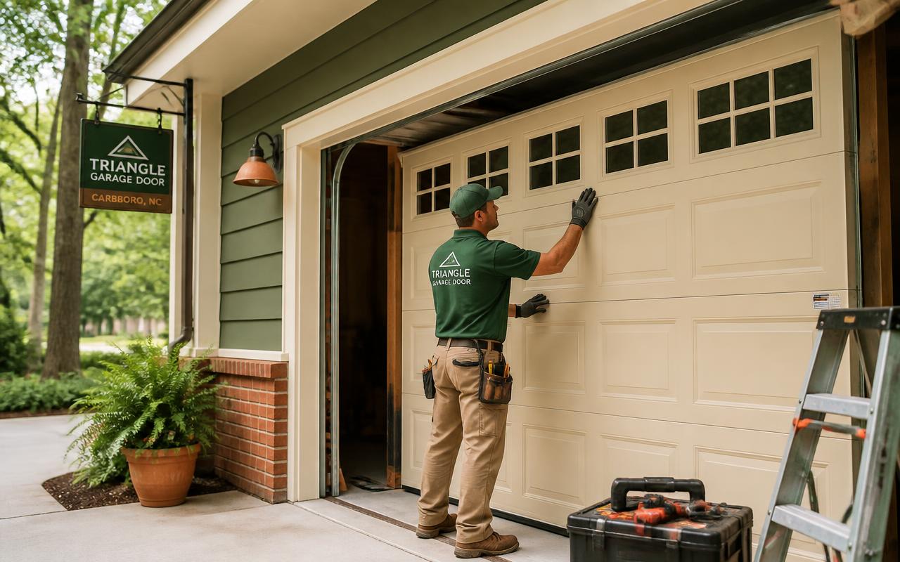 Technician installing a new residential garage door in Carrboro, NC